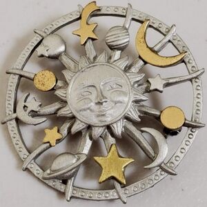 Vintage JJ Jonette Celestial Sun Moon Stars Planets Brooch silvertone goldtone